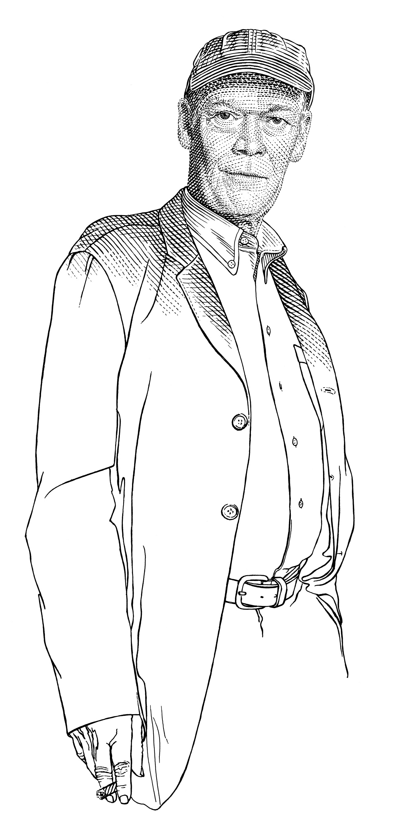 Line drawing portrait of Jonathan Raban wearing a cap, shirt and blazer