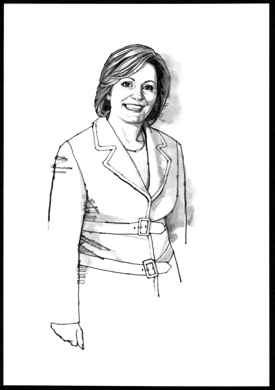 Sketch portrait of Lisa Scaffidi, Perth's first female lord mayor, wearing a belted blazer.