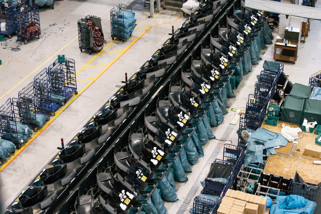 Mail bags ready to be filled at Hong Kong International Airport's cargo facility.