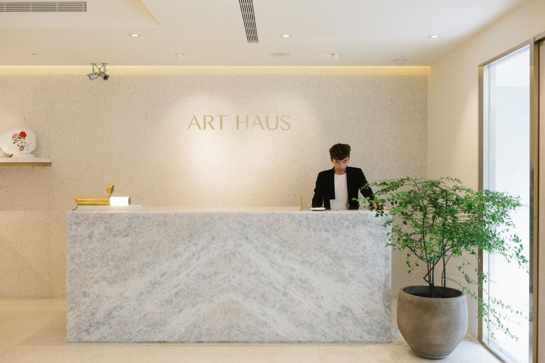Art Haus womenswear shop reception desk with staff member, marble counter, and potted plant.