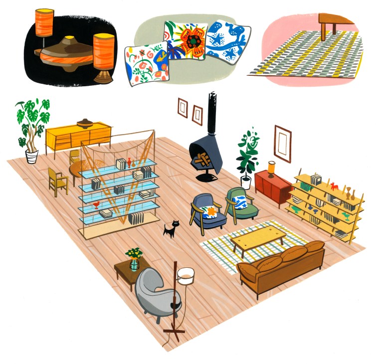 Illustrated isometric living room with furniture, shelving, plants, fireplace and seating arrangements on wooden flooring.