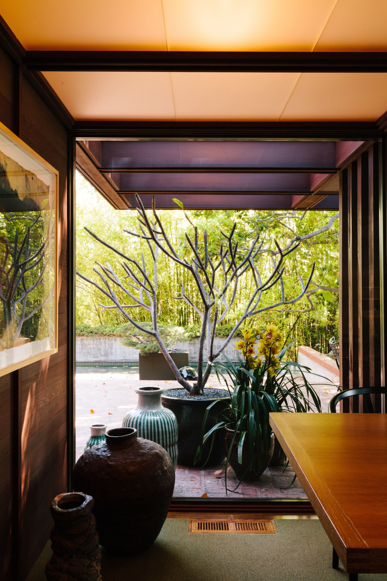 Interior view through glass doors showing minimalist wooden furniture and potted plants overlooking a patio with sculptural tree and yellow flowers.
