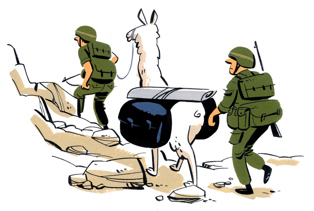 Illustration of soldiers with a llama carrying supplies in desert terrain.