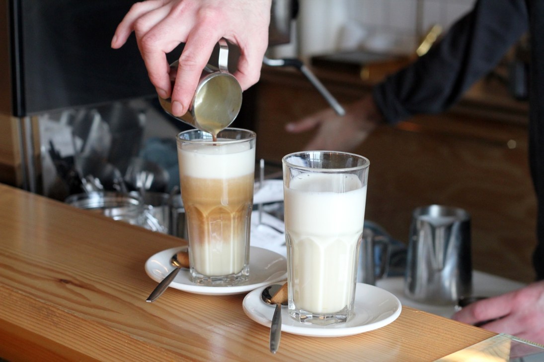 Barista pouring milk into coffee at Lokaal Coffee in Rotterdam.