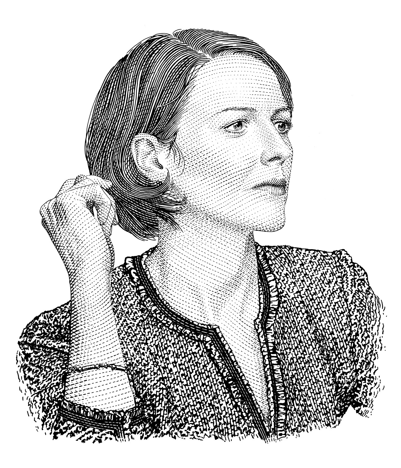 Pen and ink portrait illustration of a woman with shoulder-length hair pulled back, wearing a textured jacket.