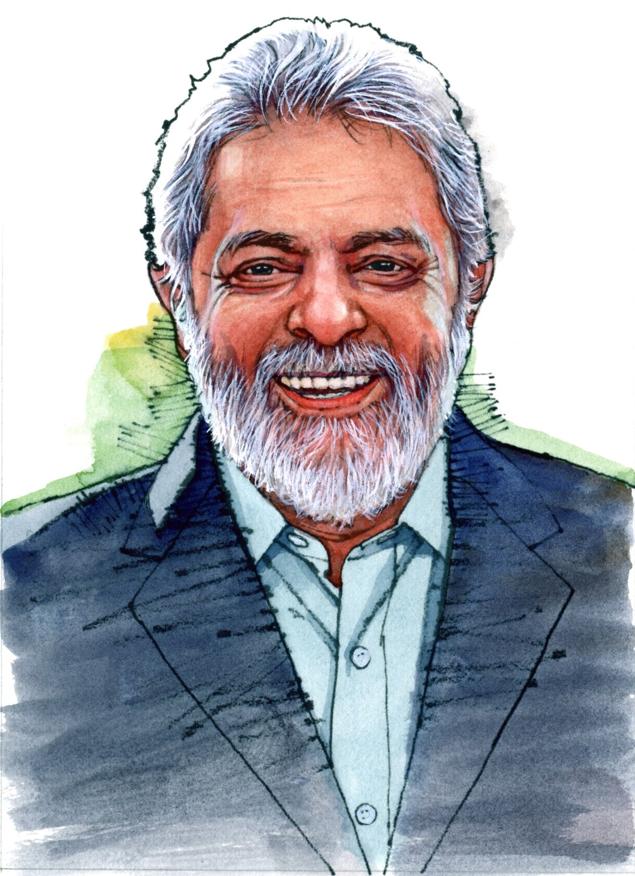 Watercolor portrait illustration of Luiz Inácio 'Lula' da Silva, Brazilian president, smiling with white beard and gray hair.