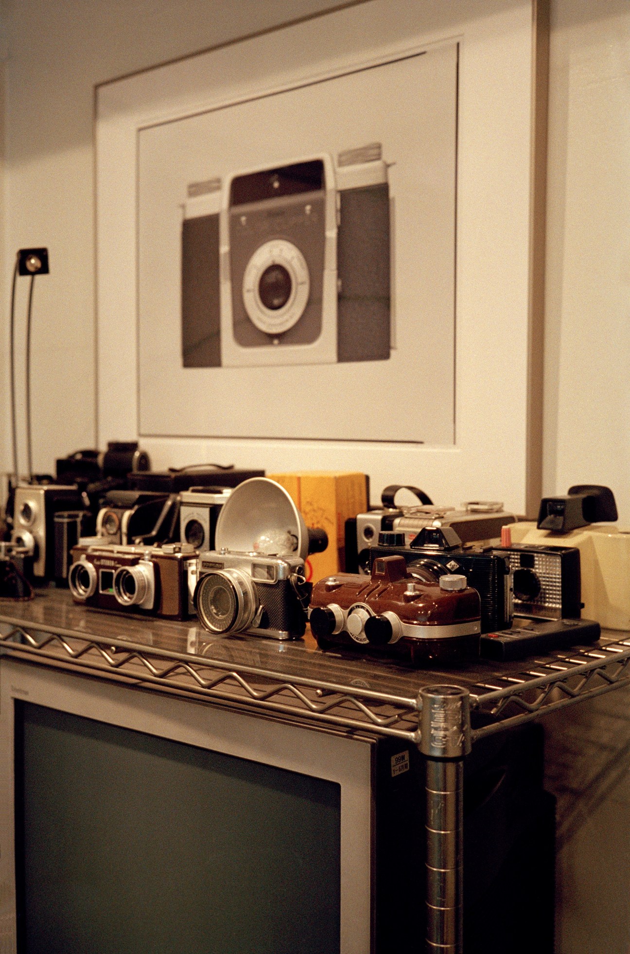 Display of vintage film cameras arranged on a pedestal with framed camera artwork on wall behind.