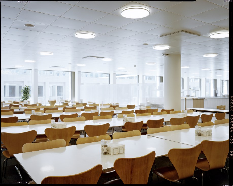 Modernist canteen with wooden Arne Jacobsen chairs at white tables under recessed ceiling lights.