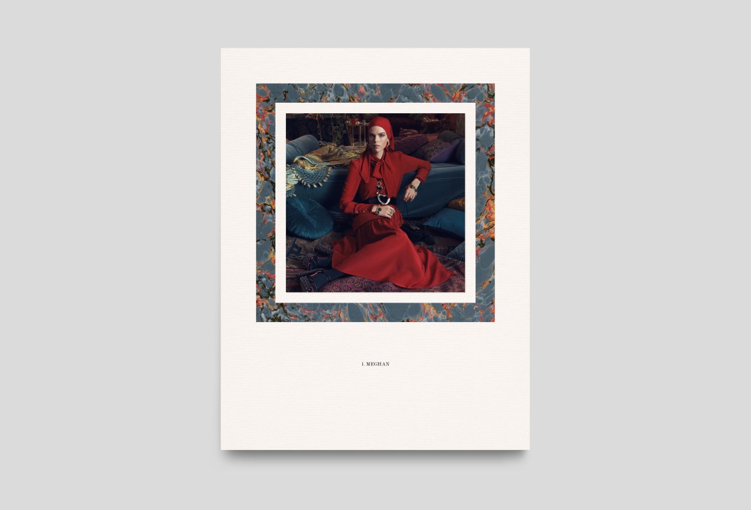 Woman in red outfit seated on ornate cushions, styled for Zara fall/winter 2018 campaign.