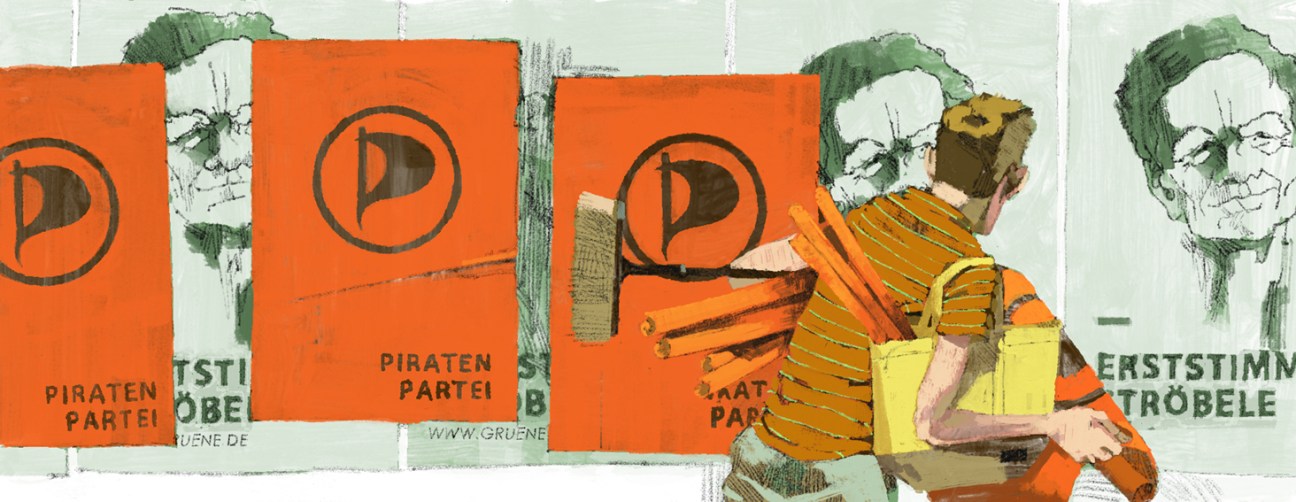 Illustration of a person carrying yellow bags past orange Piraten Partei campaign posters in Berlin.