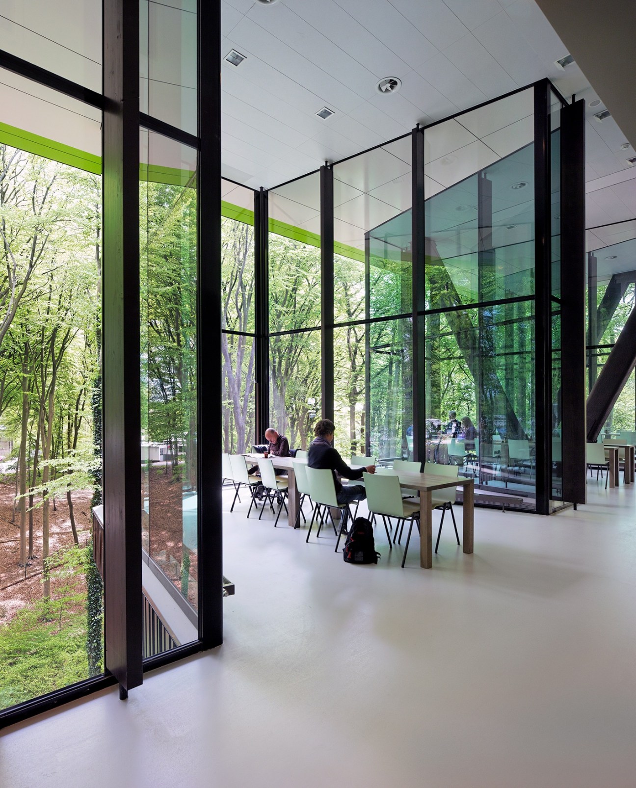 Interior of a modern rehabilitation centre with large glazed windows overlooking a forest, featuring exposed concrete and steel structure with bright natural light.