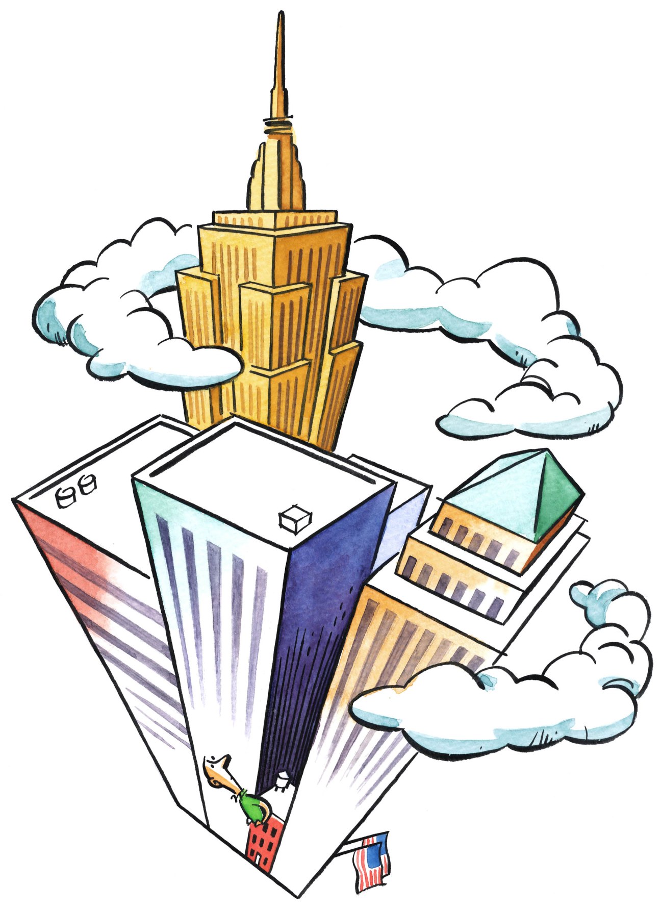 Illustration of Manhattan's skyline featuring the Empire State Building and various high-rise buildings surrounded by clouds.