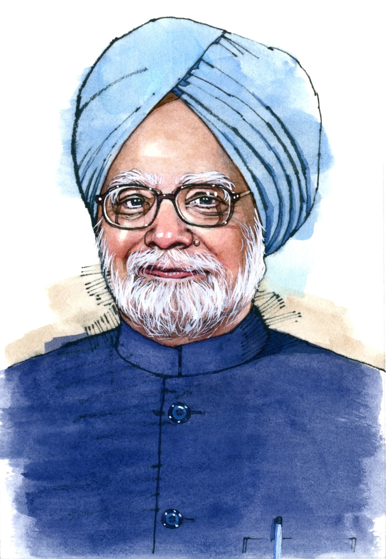 Watercolor illustration of Manmohan Singh wearing glasses, a blue turban and dark blue formal jacket.