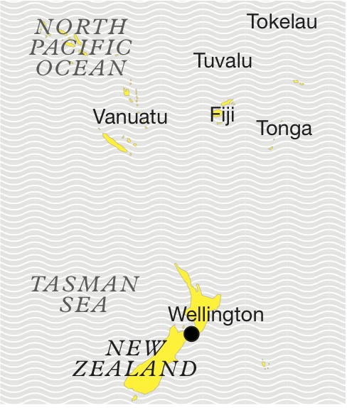 Map of the North Pacific Ocean showing Pacific island nations including Tuvalu, Tokelau, Vanuatu, Fiji, Tonga, and New Zealand.
