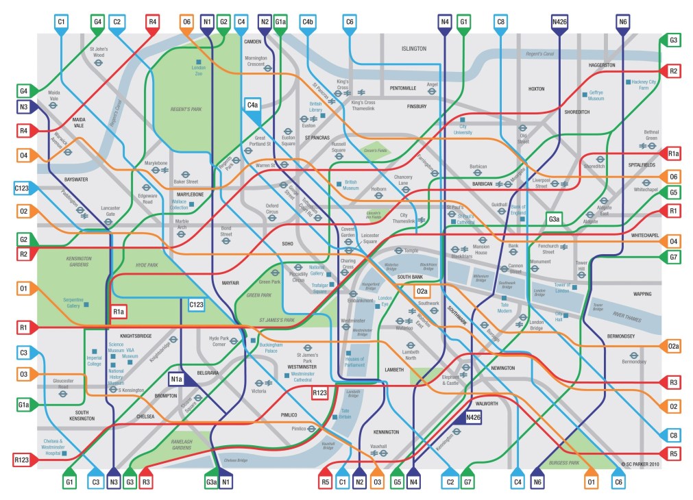 London cycling route map in Underground style with color-coded north-south and east-west routes.