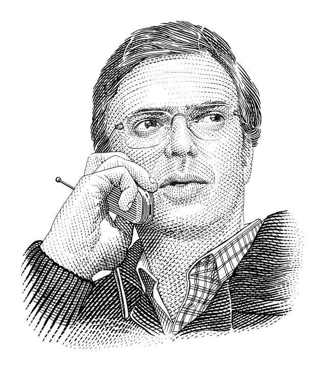 Pen and ink portrait illustration of Marcelo Ebrard, Mexico City Mayor, wearing glasses and a checkered shirt.