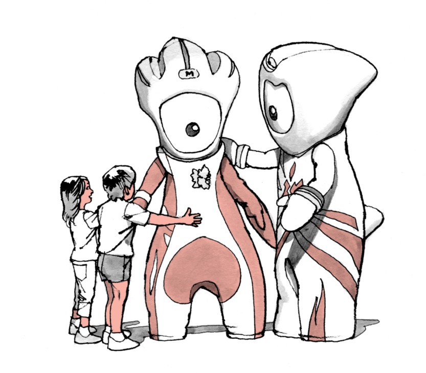 Illustration of two children interacting with Olympic mascot costumes Wenlock and Mandeville.