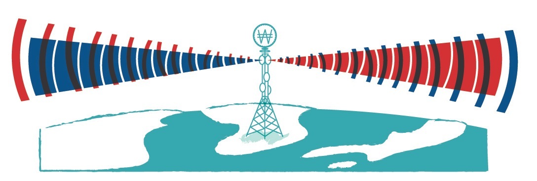 Illustration of a communication tower with red and blue curved antenna arrays extending outward over a stylized landscape.