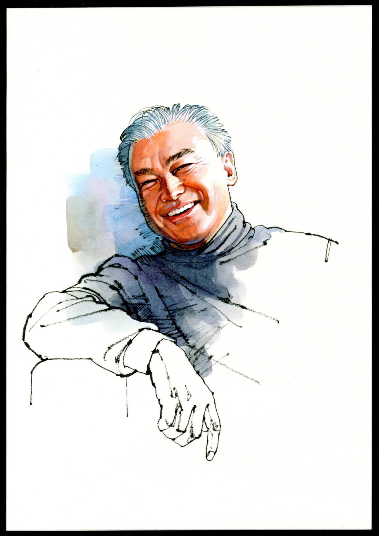 Watercolor illustration of Muneaki Masuda, a smiling middle-aged Asian man with gray hair wearing a dark turtleneck sweater.