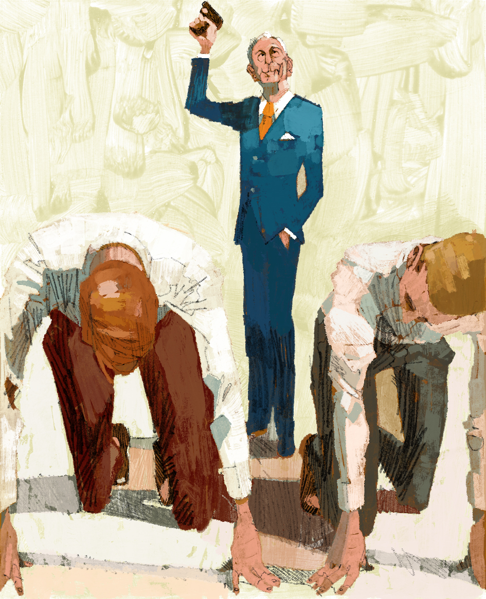 Illustration of a politician in a blue suit raising his fist triumphantly above a crowd of supporters.
