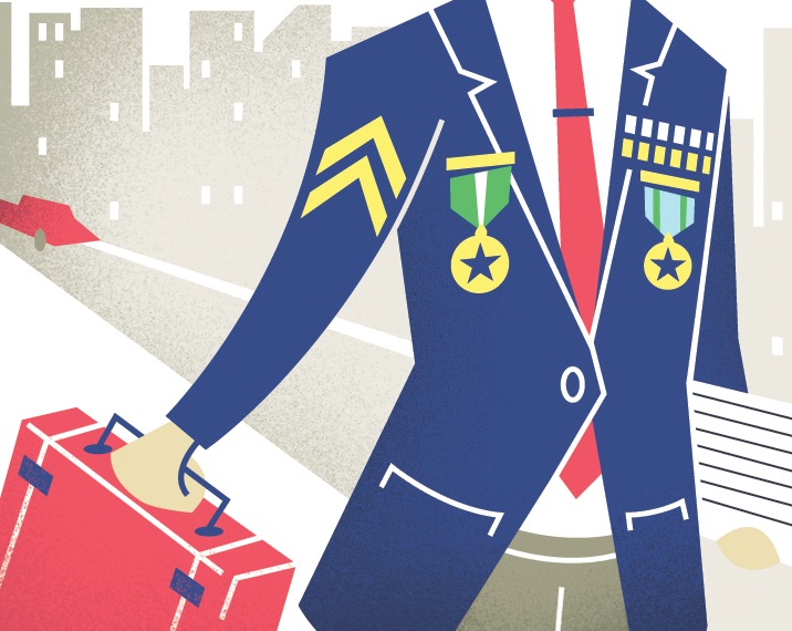 Illustration of military uniform with medals and briefcase representing veteran entrepreneurs.