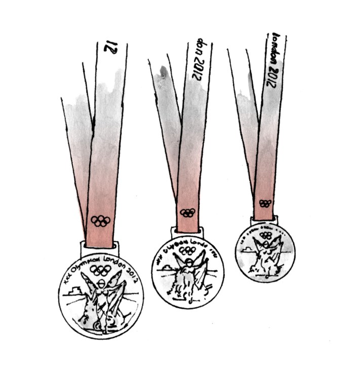 Illustration of three Olympic medals with ribbons hanging from them, labeled London 2012.