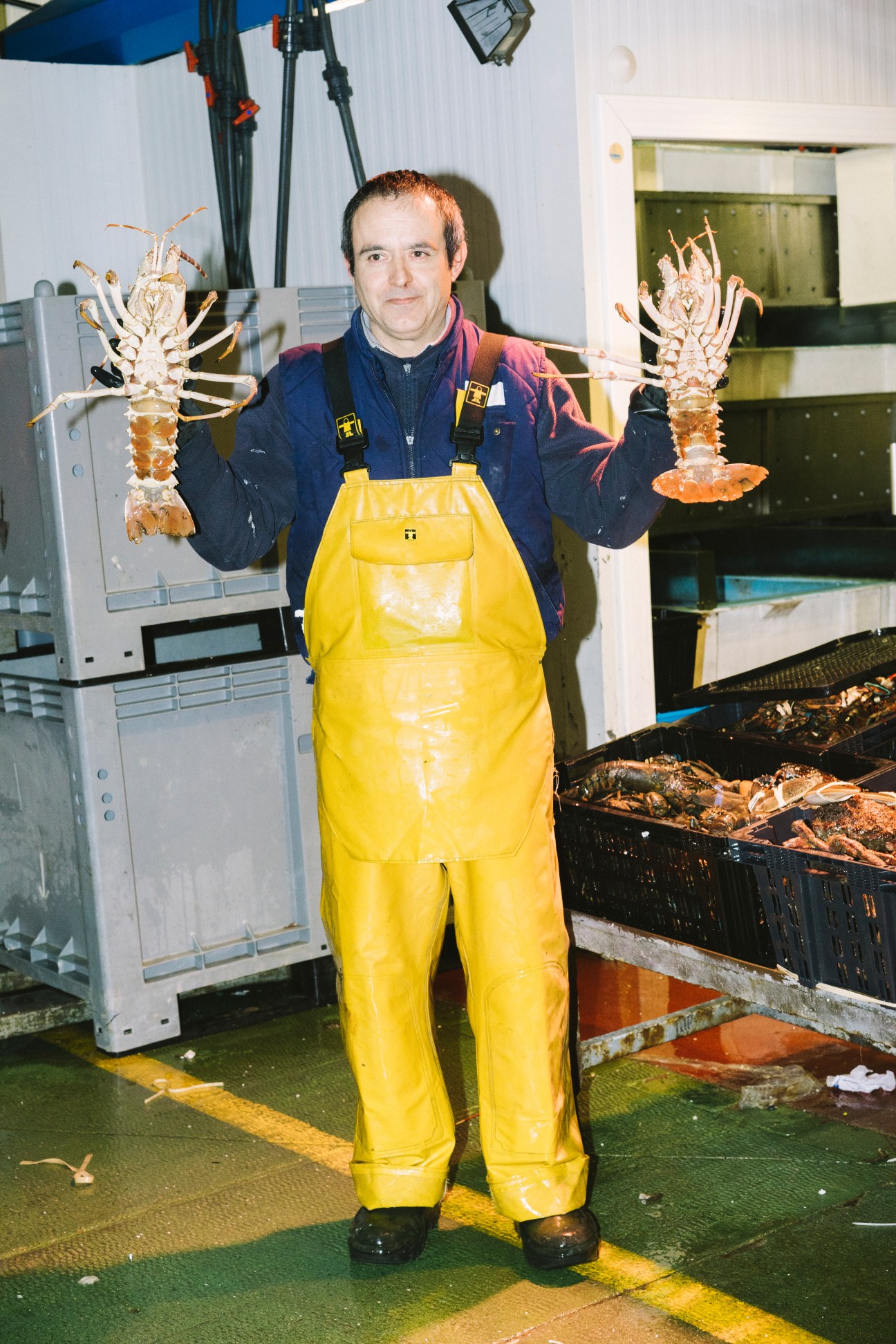 Ángel Mozos Ramírez holds two large lobsters in a yellow apron at Mercamadrid seafood market.