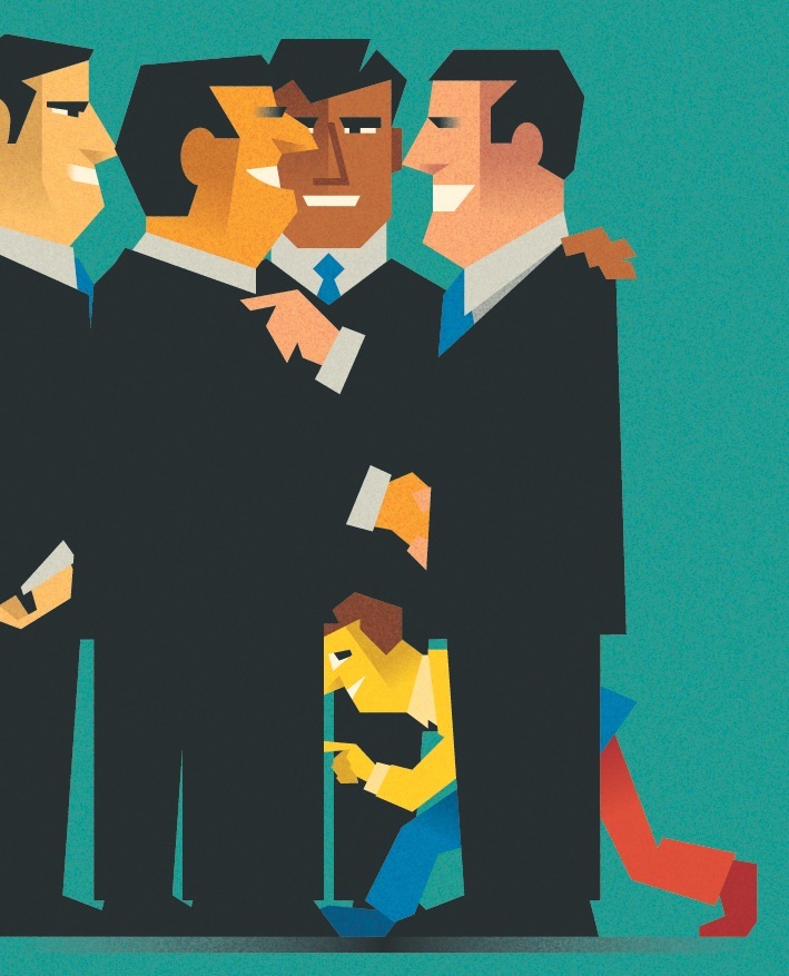 Illustration of suited businessmen in formal attire standing together against a teal background.