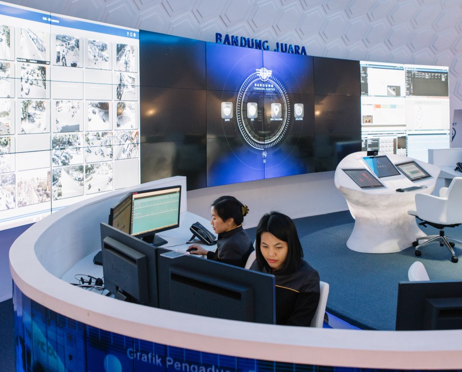 Bandung's city command centre with staff monitoring screens displaying real-time city data and operations.