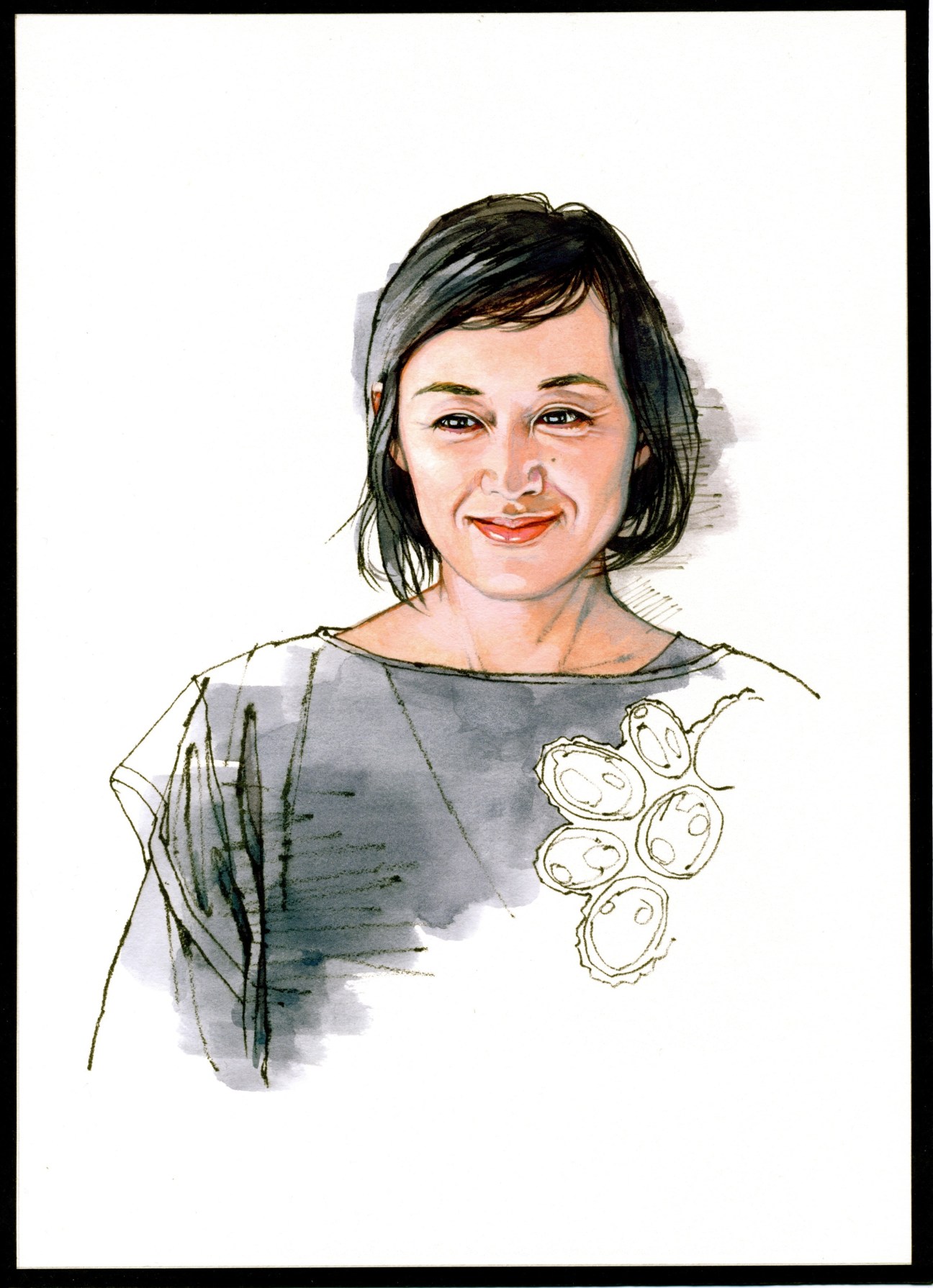 Portrait illustration of Michiyo Yoshimura, founder of Nowhere Resort, with short dark hair and illustrated oysters on her shirt.