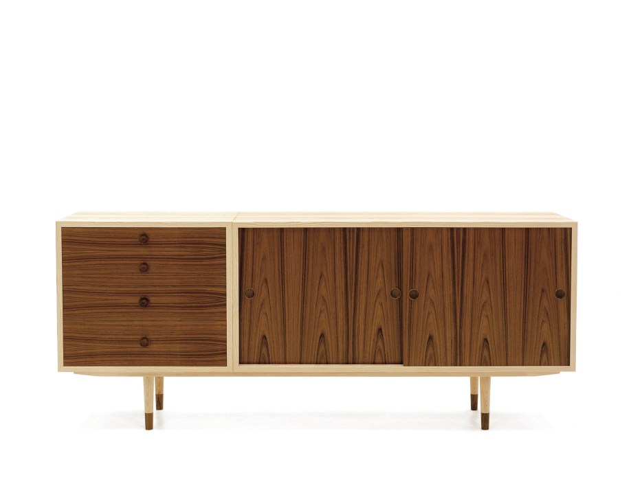 Børge Mogensen's Øresund sideboard with pine frame, teak doors and drawers in warm wood tones.