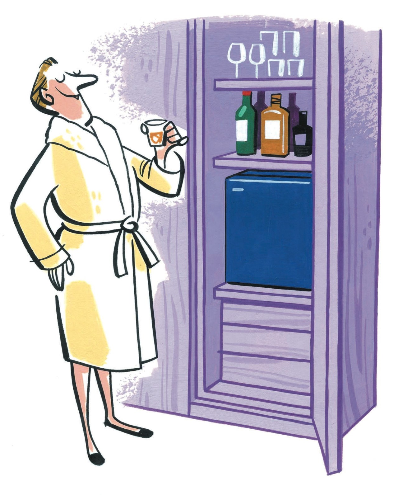 Illustration of a woman in a yellow robe reaching for a drink from a shoulder-height mini-bar in a hotel room.