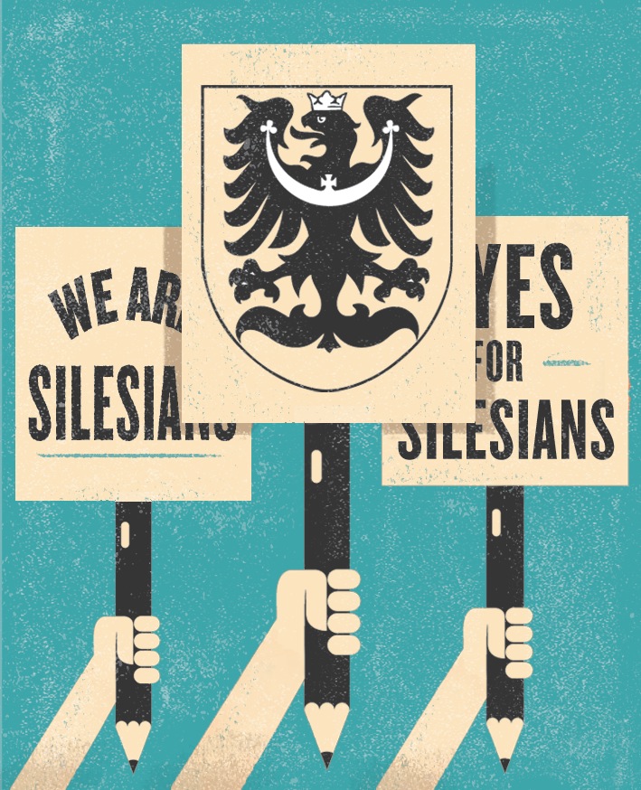 Illustration of three hands holding signs reading 'We Are Silesia' and 'Yes for Silesians' with a Silesian eagle coat of arms above.