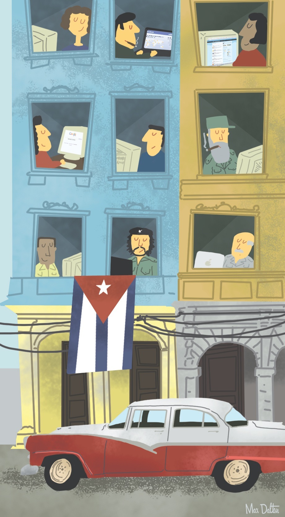 Illustration of a Cuban apartment building with residents in windows and a Cuban flag hanging from the facade, with a vintage car parked below.