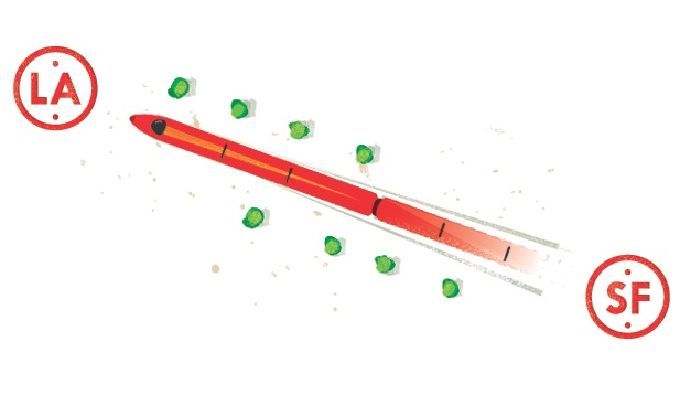 Illustration of a red bullet train connecting Los Angeles and San Francisco with green dots marking stops along the route.