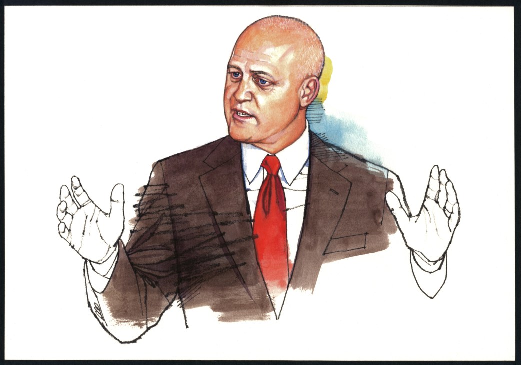 Illustrated portrait of Mitch Landrieu wearing a brown suit and red tie, gesturing with both hands.