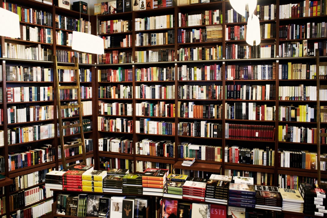 Interior of Irok Boltja bookshop with floor-to-ceiling wooden shelves filled with books and a central display table.