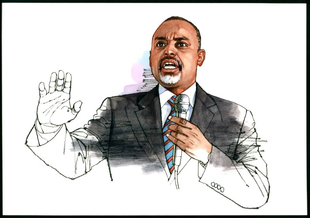 Illustration of Mohamed Nur, mayor of Mogadishu, speaking passionately at a microphone with raised hand.