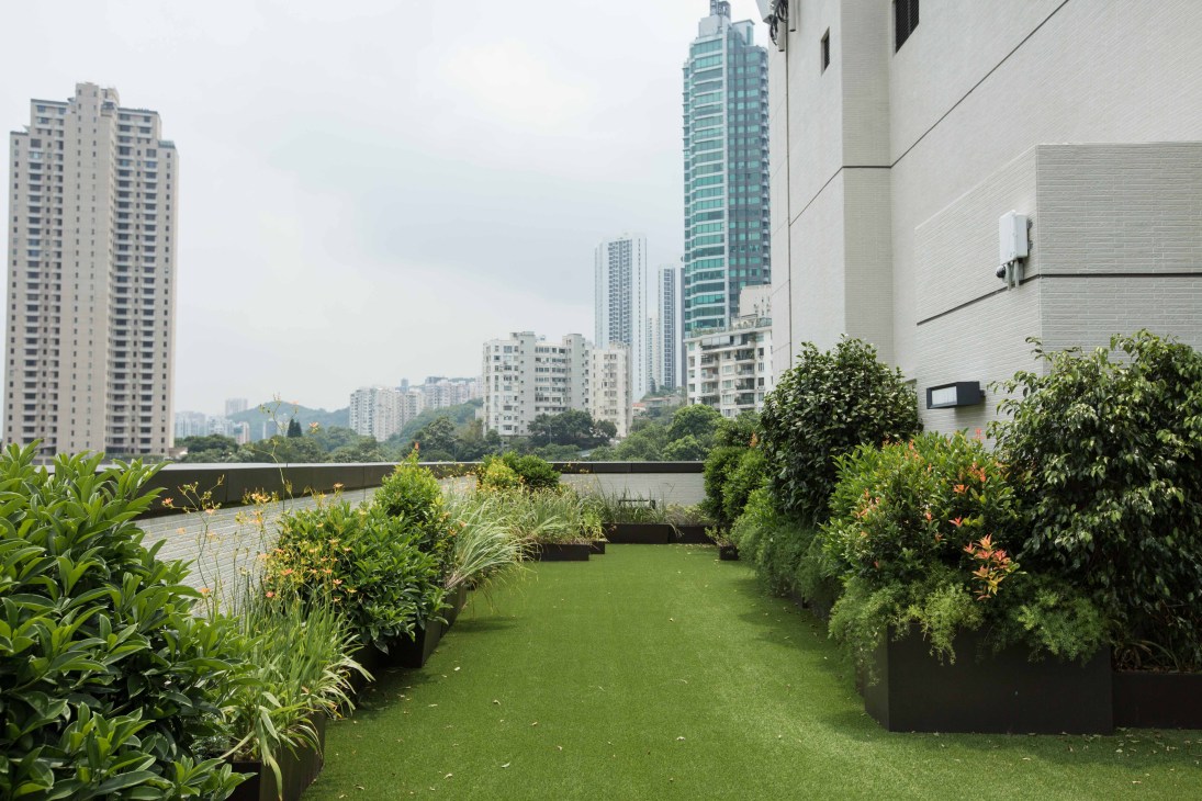 A rooftop garden with lush green lawn and planted beds overlooking Hong Kong's skyline and high-rise buildings.