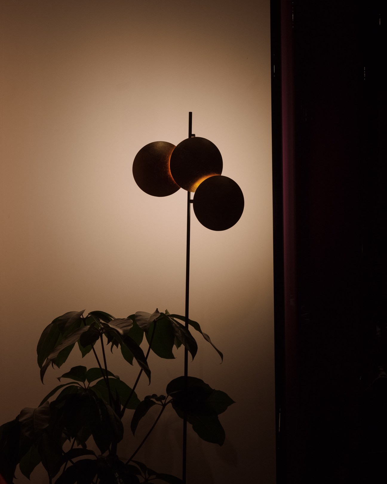 Modern floor lamp by Walter Knoll with three spherical black shade elements on a thin stem, positioned next to a potted plant.