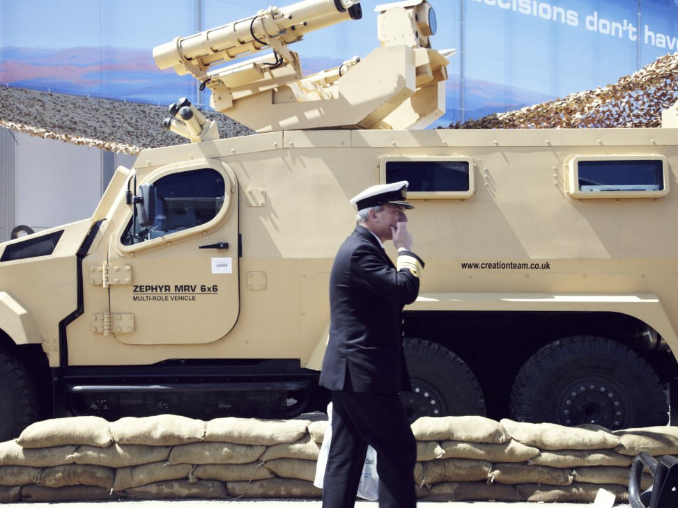 Creation Zephyr MRV 6x6 multi-role vehicle with mounted weapon system at Farnborough air show