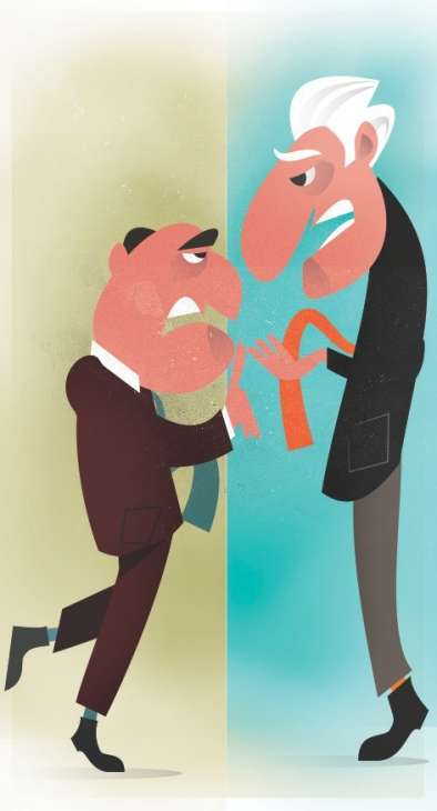 Illustration of two business figures in conflict over corruption and bribery issues.