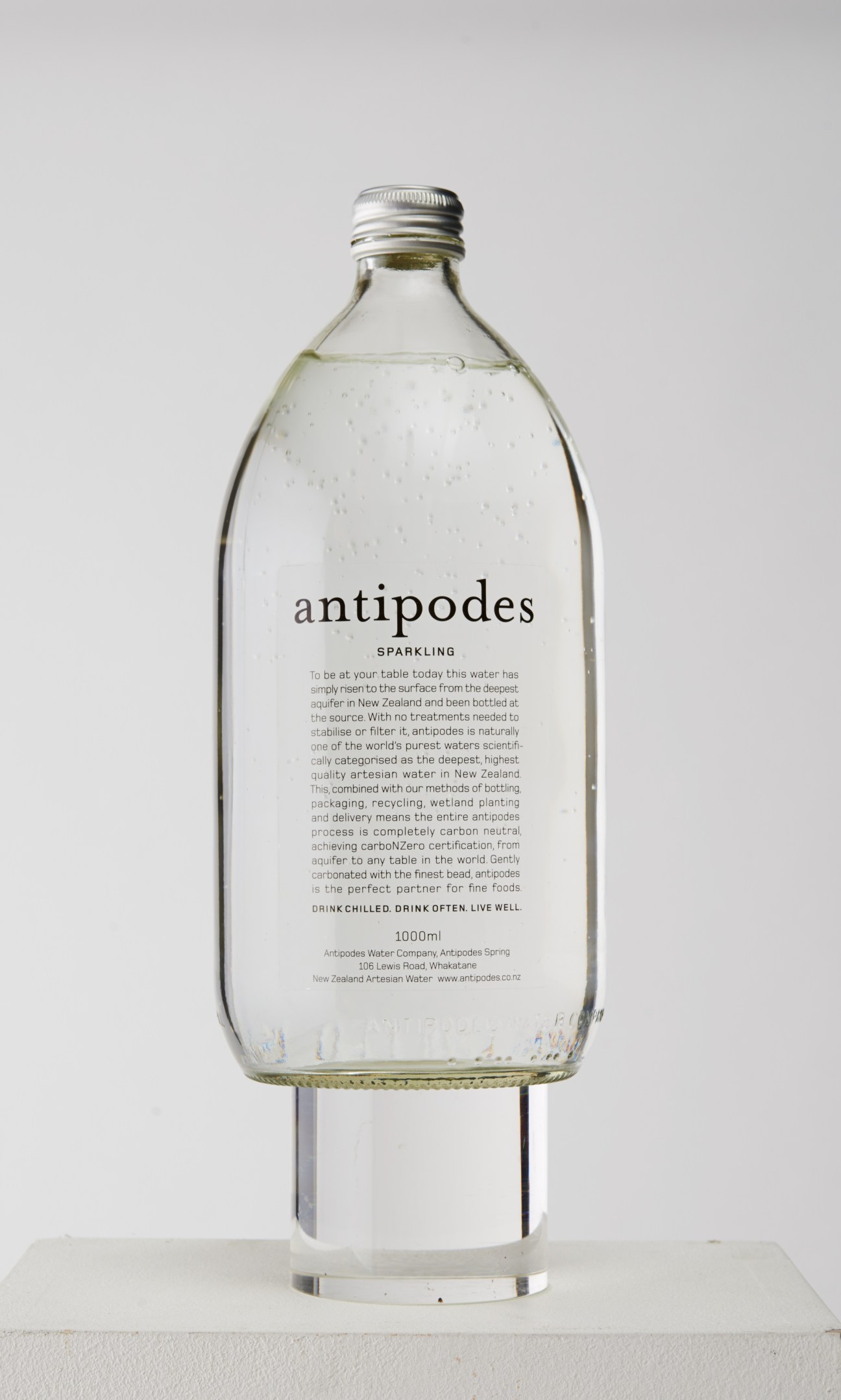Antipodes sparkling water bottle from New Zealand with detailed product information on the label.