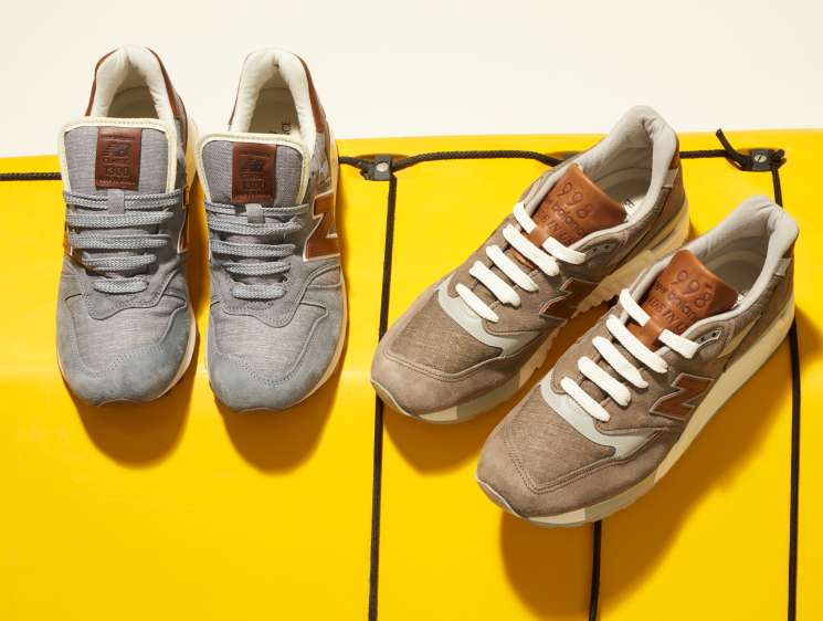 New Balance Explore By Sea trainers in neutral tones displayed against a yellow background.