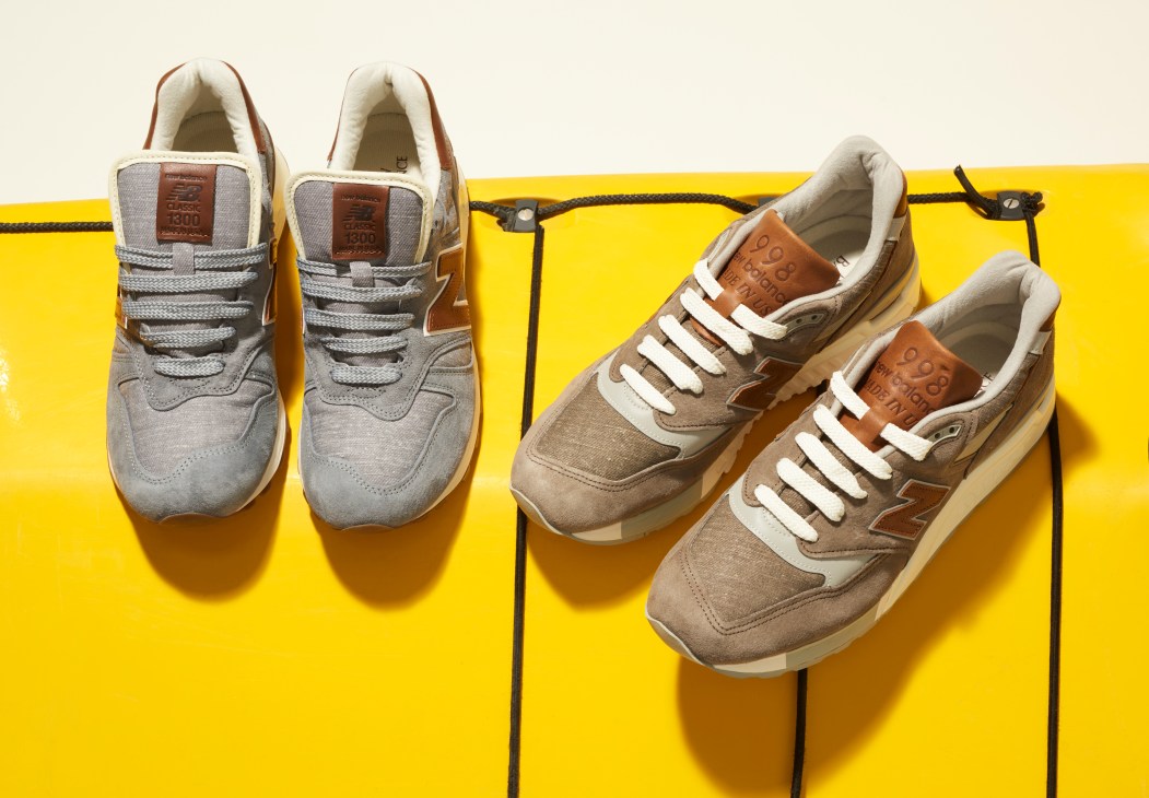 New Balance Explore By Sea trainers in neutral tones displayed against a yellow background.