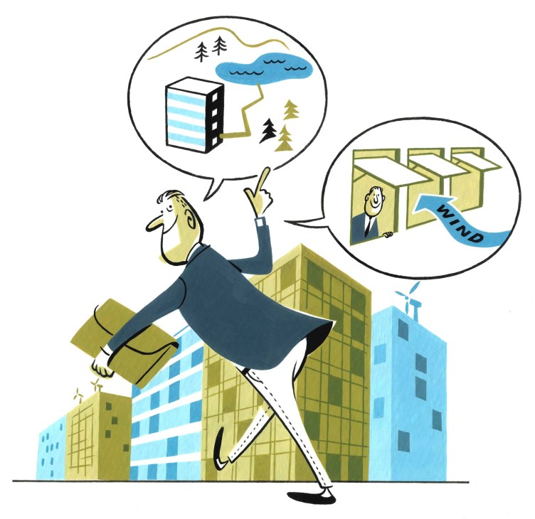 Illustration of a man sitting on buildings holding an envelope, with thought bubbles showing urban planning elements like trees, water, and wind turbines.