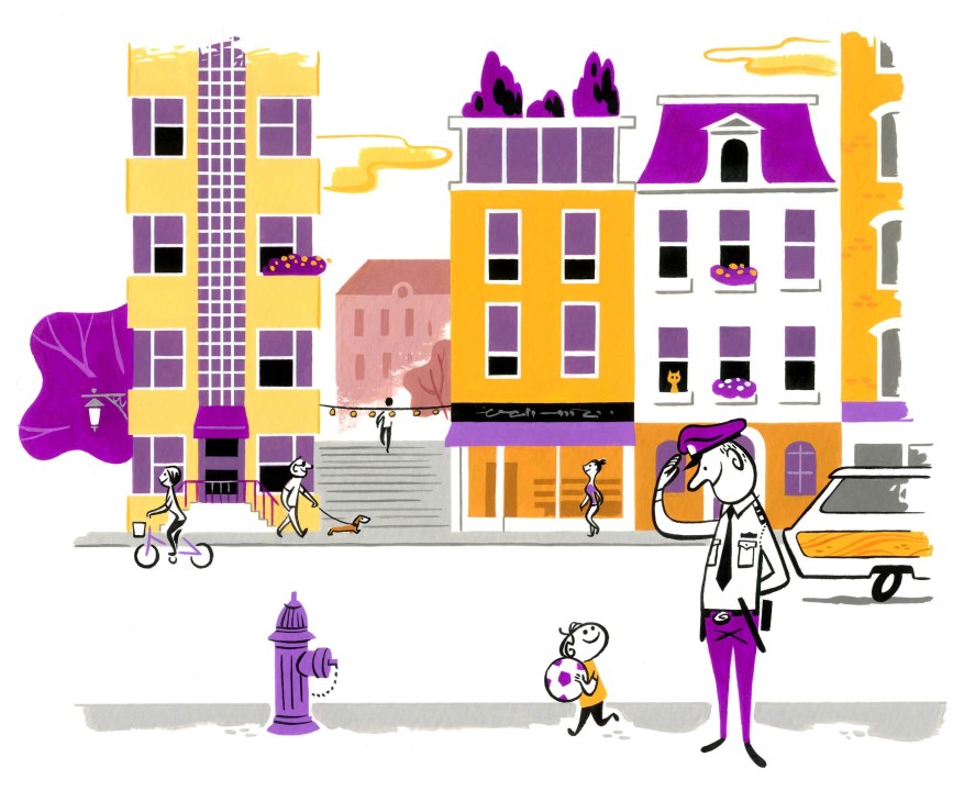 Colorful illustration of an urban streetscape with mixed-height buildings, pedestrians, cyclists, and street-level retail activity.