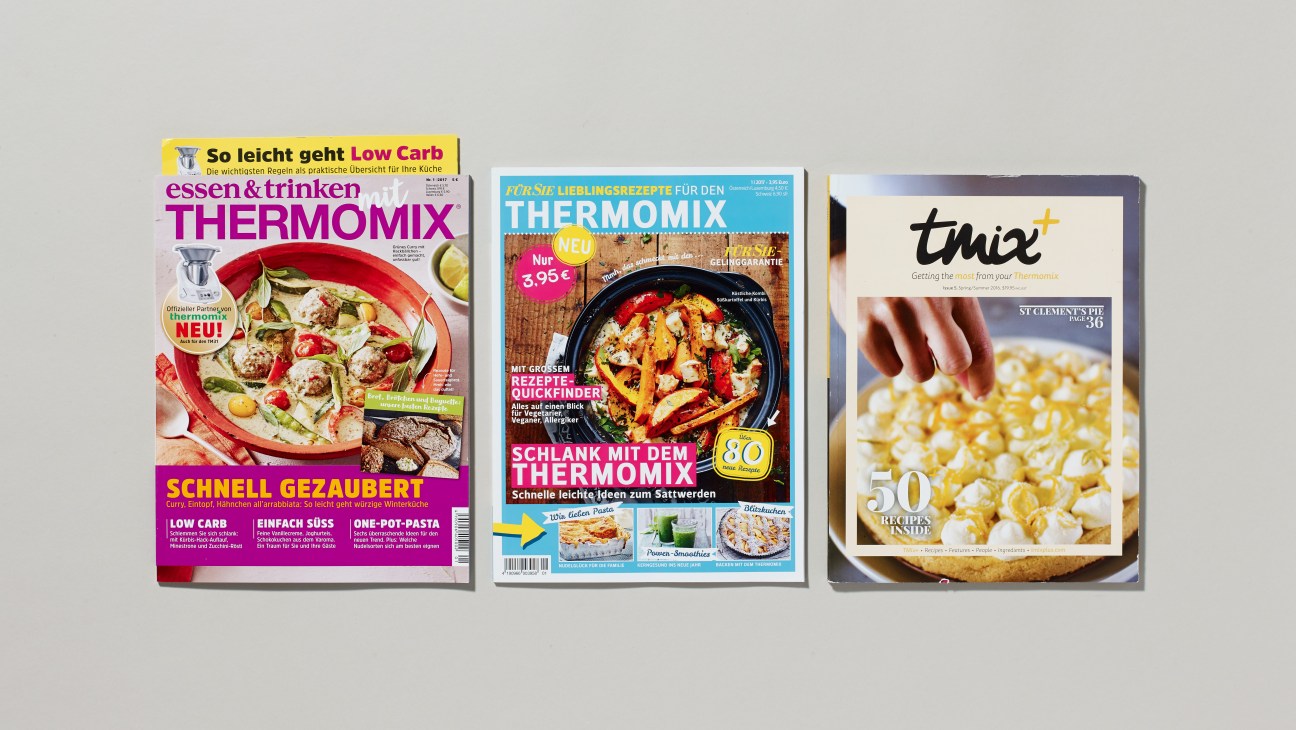Three Thermomix-dedicated magazines displayed: Essen & Trinken Thermomix, Für Sie Lieblingsrezepte, and tmix publication.
