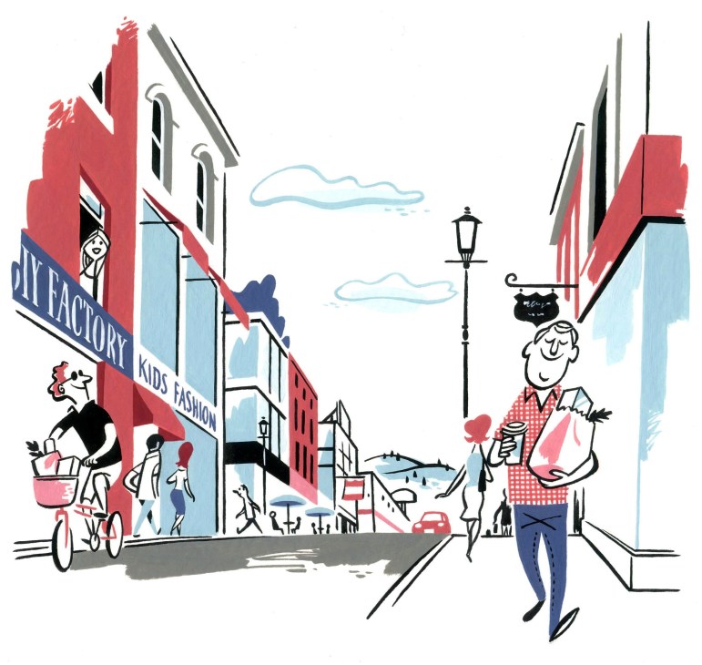 Illustration of a vibrant urban streetscape with pedestrians, cyclists, and shops including a kids fashion store.