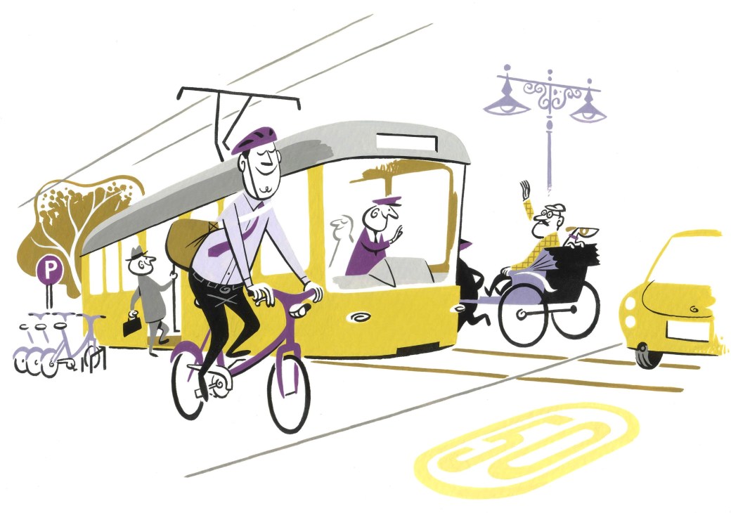 Illustration of a diverse urban street scene with a yellow tram, cyclists, pedestrians, and cars sharing space peacefully.